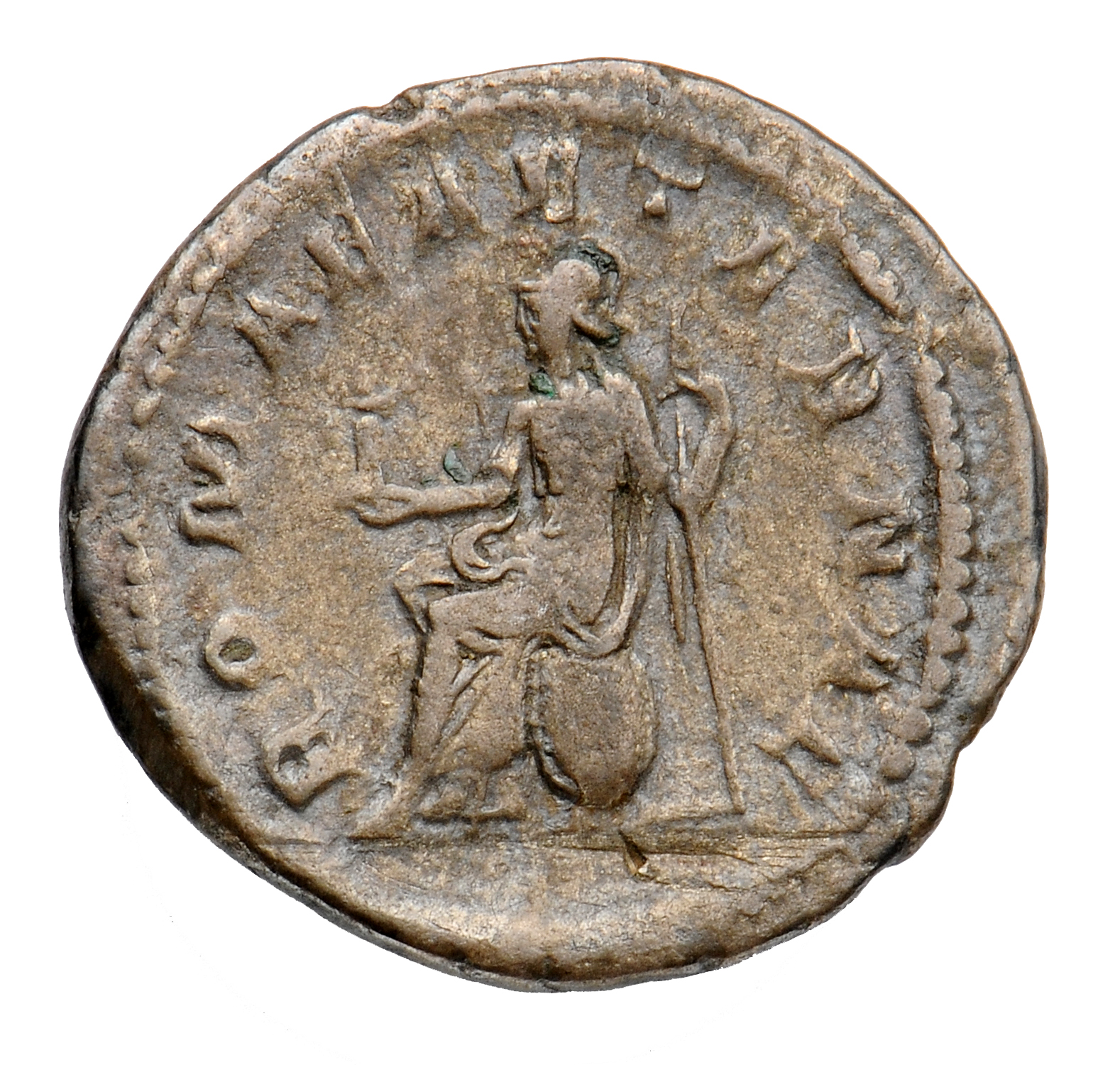 RIC IV Gordian III 38 Gordian III reverse, Roma, helmeted, in military attire, seated left on shield, holding Victory in e...