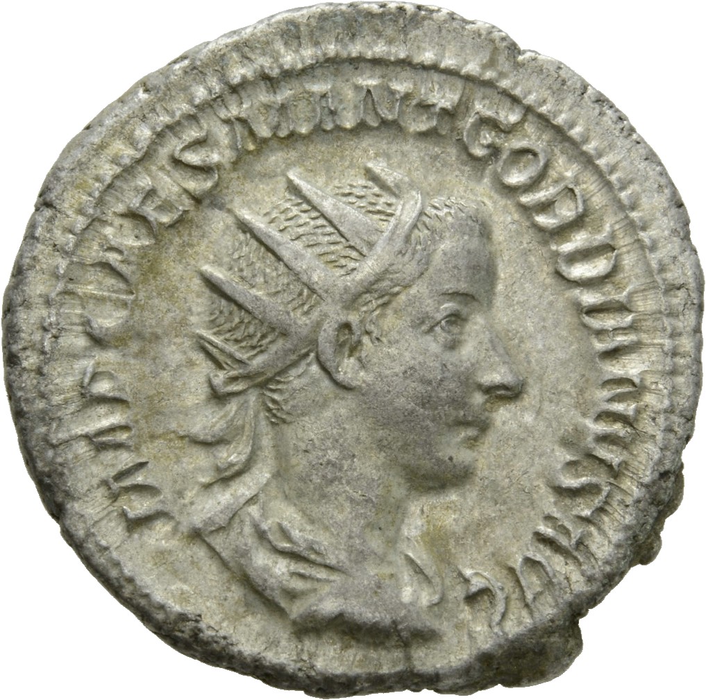RIC IV Gordian III 38 Gordian III obverse, Bust of Gordian III, radiate, draped, cuirassed, right