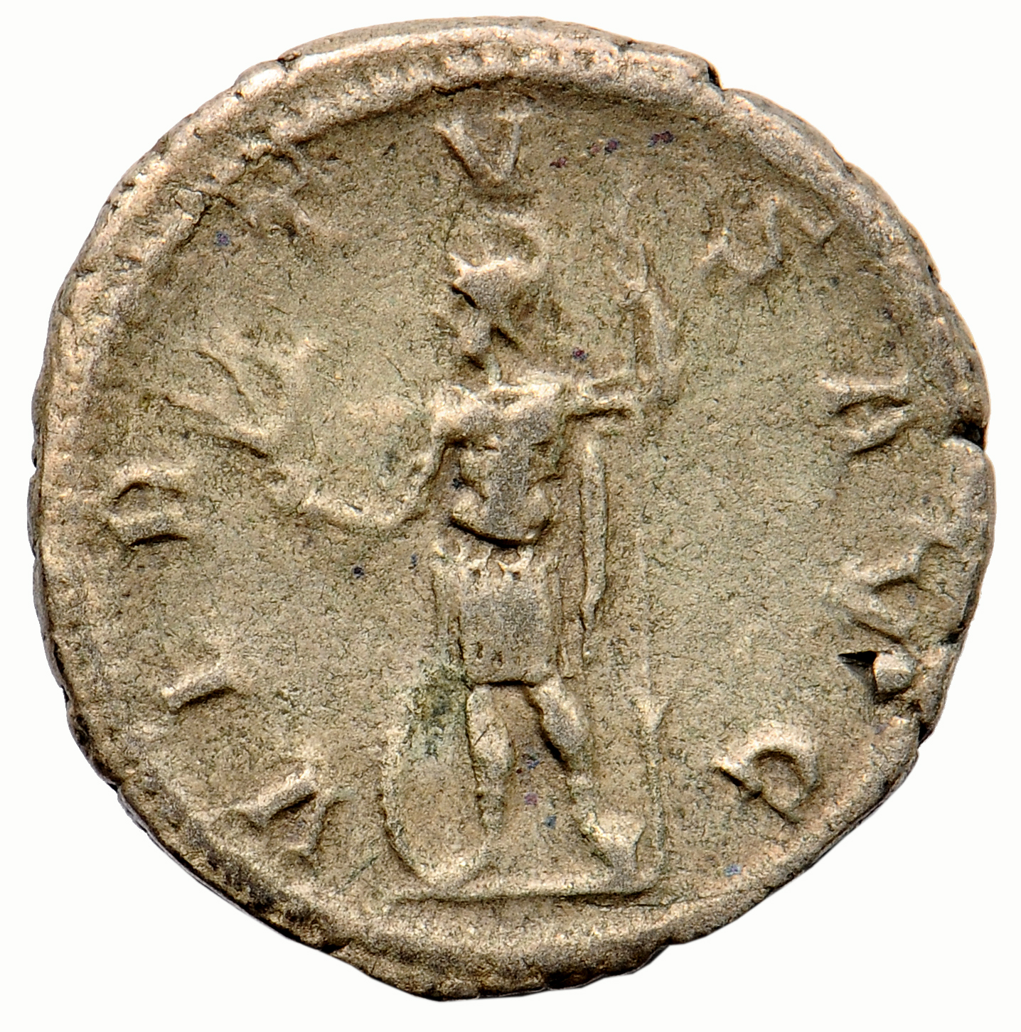 RIC IV Gordian III 39 Gordian III reverse, Virtus, helmeted, in military attire, standing front, head left, holding branch...