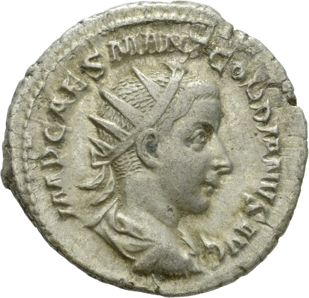 RIC IV Gordian III 39 Gordian III obverse, Bust of Gordian III, radiate, draped, cuirassed, right