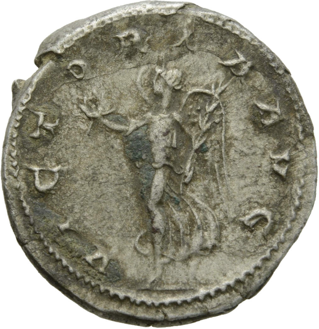 RIC IV Gordian III 5 Gordian III reverse, Victory, winged, draped, advancing left, holding wreath in extended right hand a...