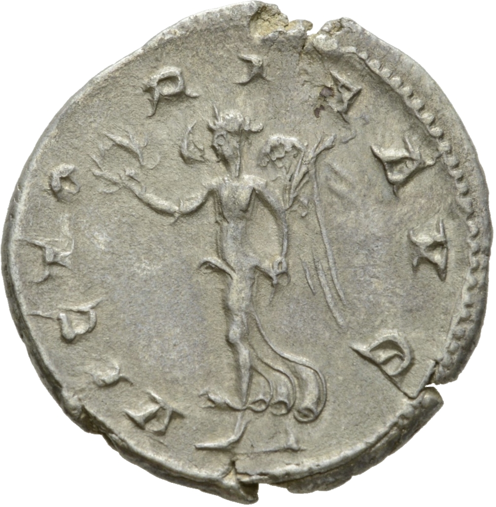 RIC IV Gordian III 5 Gordian III reverse, Victory, winged, draped, advancing left, holding wreath in extended right hand a...