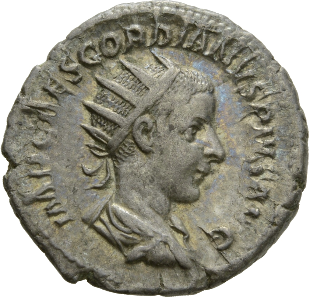RIC IV Gordian III 51 Gordian III obverse, Bust of Gordian III, radiate, draped, cuirassed, right