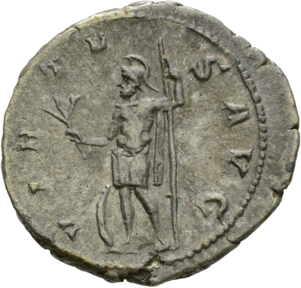RIC IV Gordian III 56 Gordian III reverse, Virtus, helmeted, in military attire, standing front, head left, holding branch...