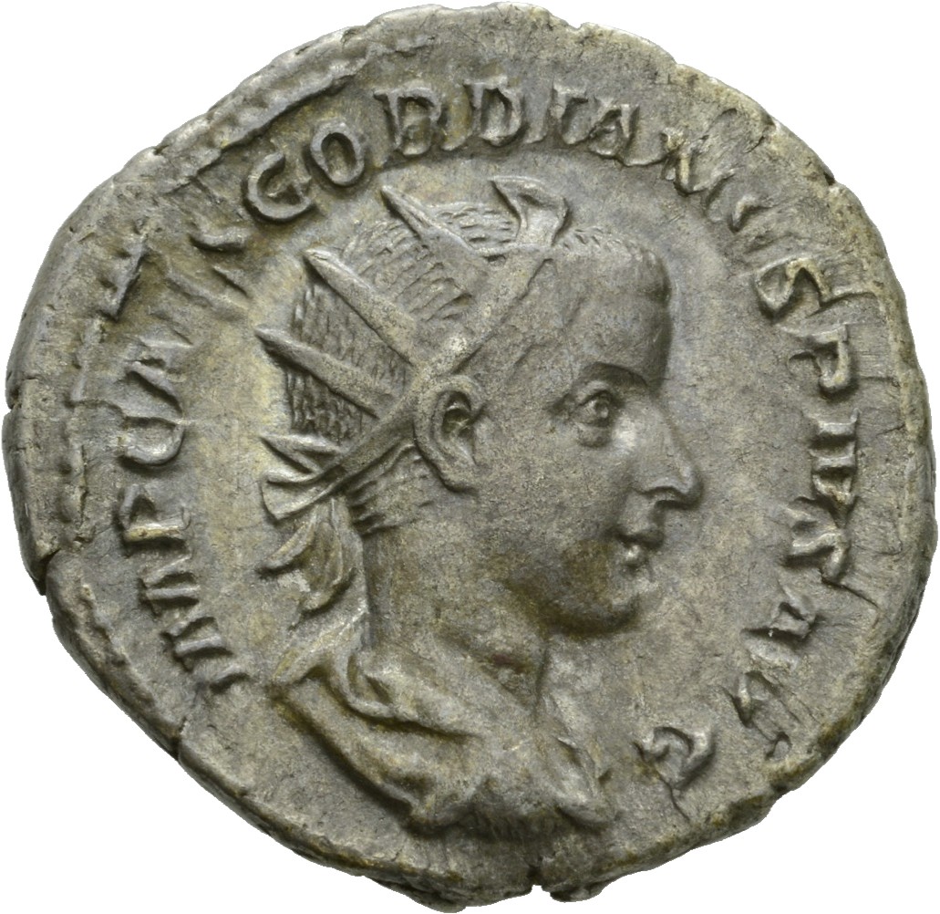 RIC IV Gordian III 56 Gordian III obverse, Bust of Gordian III, radiate, draped, cuirassed, right