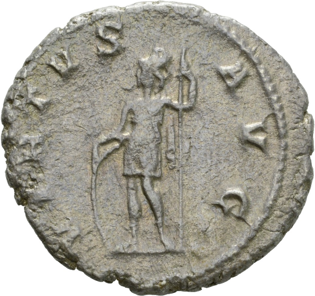 RIC IV Gordian III 6 Gordian III reverse, Virtus, helmeted, in military attire, standing front, head left, resting right h...