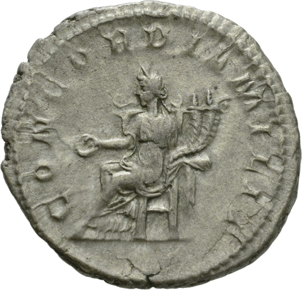 RIC IV Gordian III 65 Gordian III reverse, Concordia, draped, seated left on throne, holding patera in extended right hand...