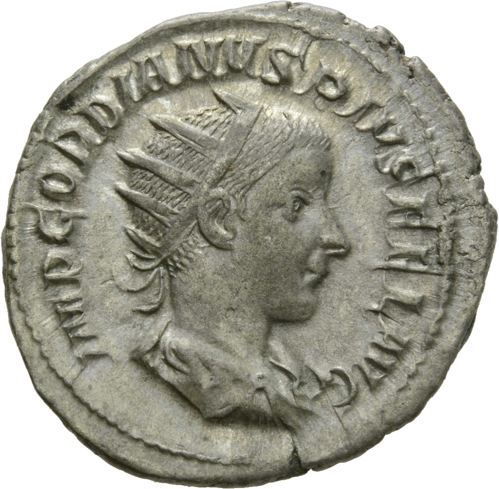 RIC IV Gordian III 65 Gordian III obverse, Bust of Gordian III, radiate, draped, cuirassed, right