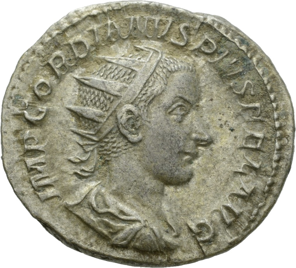 RIC IV Gordian III 67 Gordian III obverse, Bust of Gordian III, radiate, draped, cuirassed, right