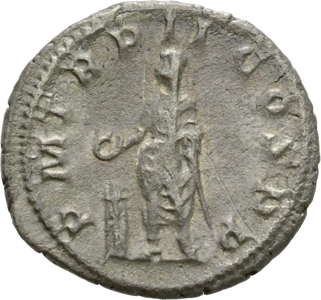 RIC IV Gordian III 68 Gordian III reverse, Gordian III, veiled, togate, standing front, head left, sacrificing out of pate...