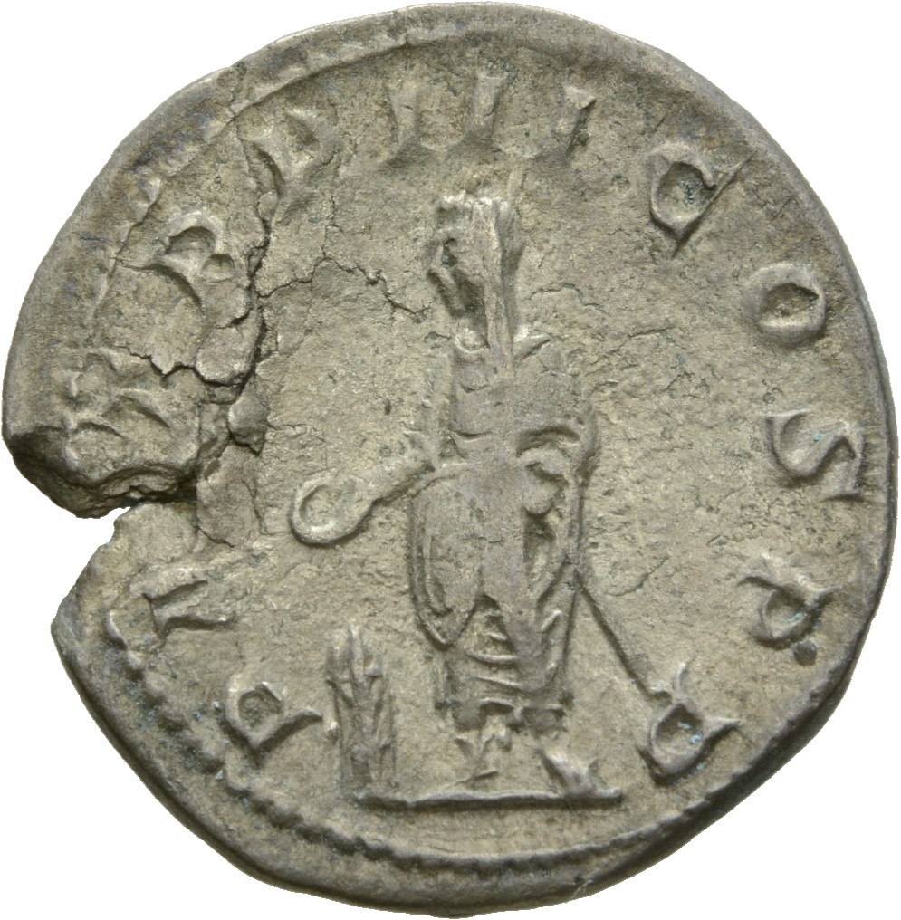 RIC IV Gordian III 69 Gordian III reverse, Gordian III, veiled, togate, standing front, head left, sacrificing out of pate...