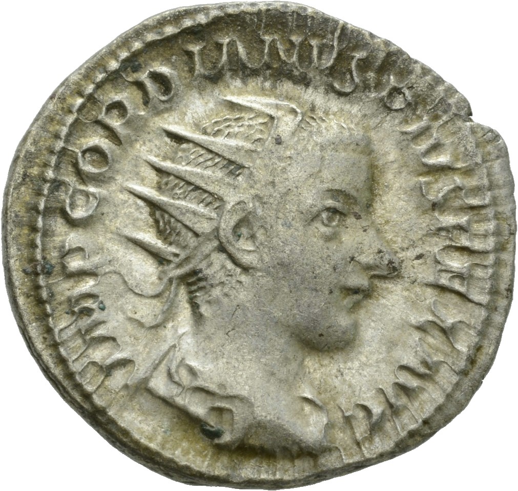 RIC IV Gordian III 69 Gordian III obverse, Bust of Gordian III, radiate, draped, cuirassed, right