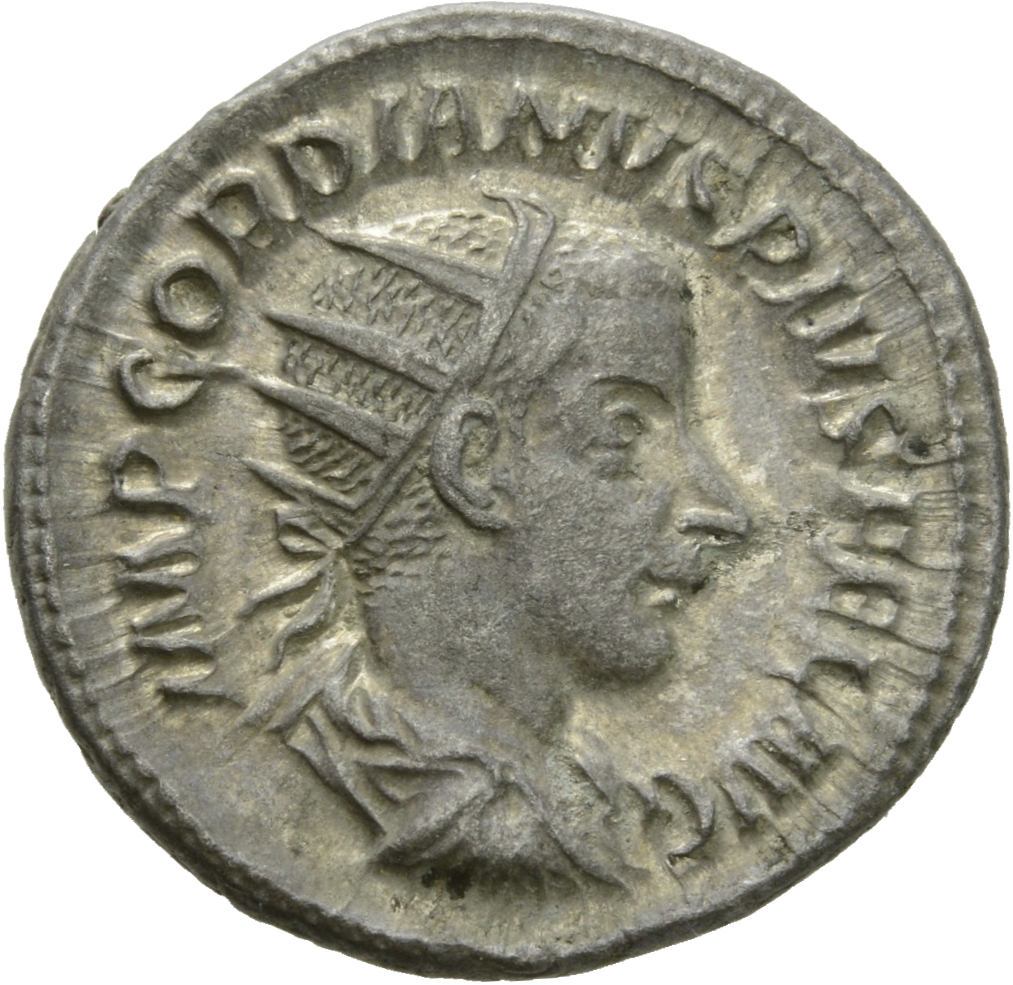 RIC IV Gordian III 70 Gordian III obverse, Bust of Gordian III, radiate, draped, cuirassed, right