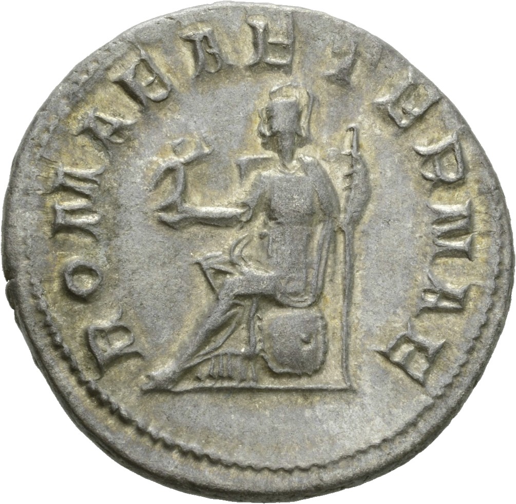 RIC IV Gordian III 70 Gordian III reverse, Roma, helmeted, in military attire, seated left on shield, holding Victory in e...