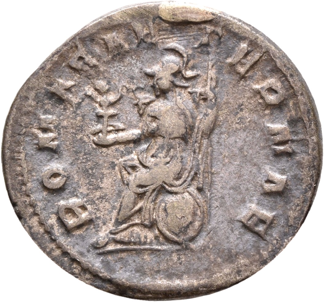 RIC IV Gordian III 70 Gordian III reverse, Roma, helmeted, in military attire, seated left on shield, holding Victory in e...