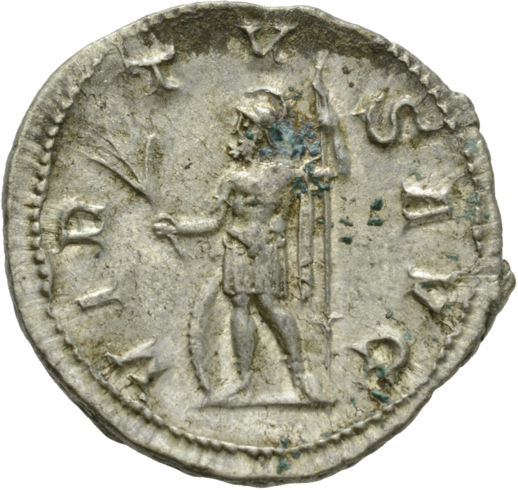 RIC IV Gordian III 71 Gordian III reverse, Virtus, helmeted, in military attire, standing front, head left, holding branch...
