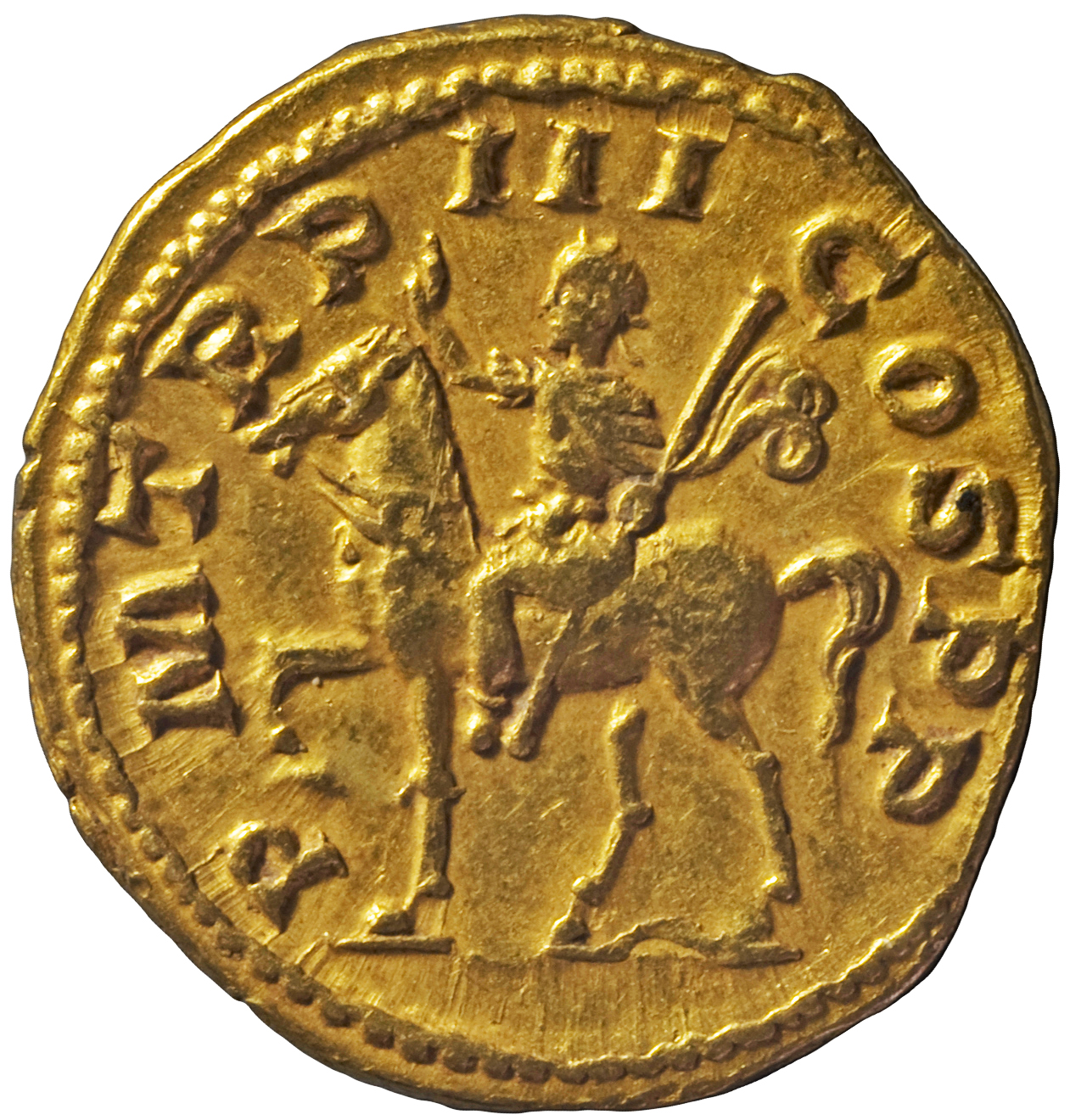 RIC IV Gordian III 80 Gordian III reverse, Gordian III, in military attire, on horse prancing left, raising right hand and...