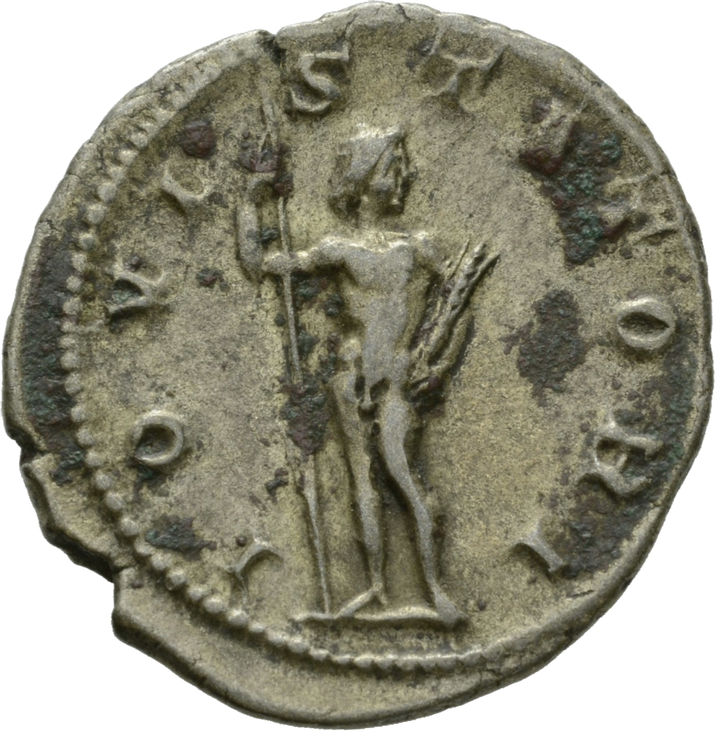 RIC IV Gordian III 84 Gordian III reverse, Jupiter, nude, standing front, head right, holding long sceptre in right hand a...