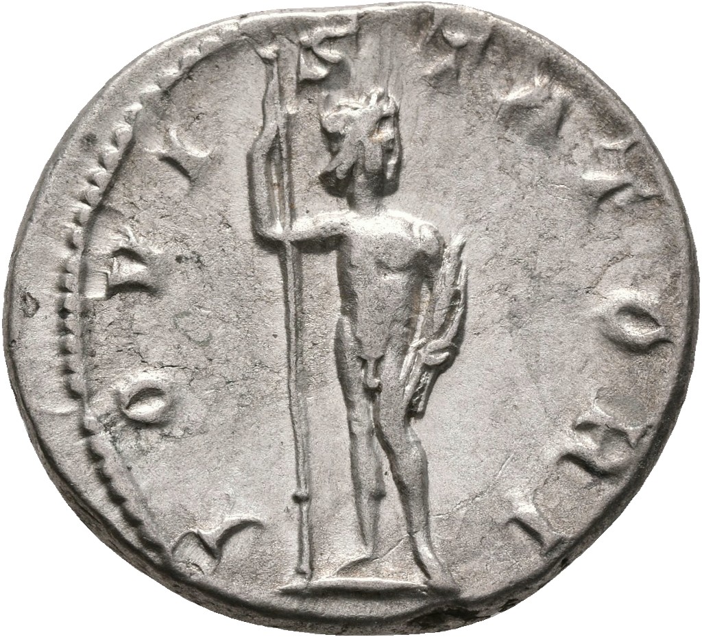 RIC IV Gordian III 84 Gordian III reverse, Jupiter, nude, standing front, head right, holding long sceptre in right hand a...
