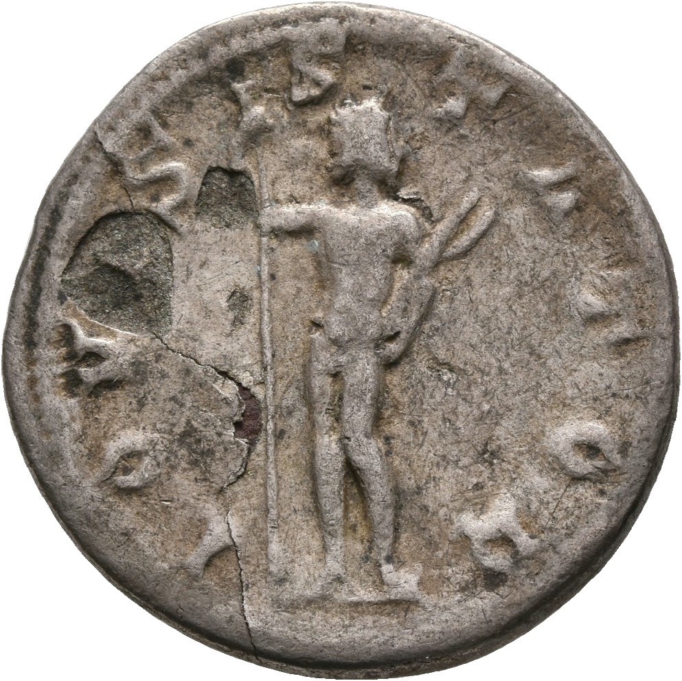 RIC IV Gordian III 85 Gordian III reverse, Jupiter, nude, standing front, head left, holding long sceptre in right hand an...