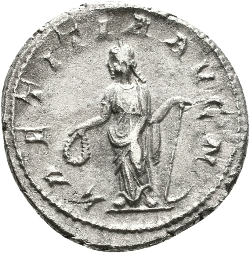 RIC IV Gordian III 86 Gordian III reverse, Laetitia, draped, standing left, holding wreath in extended right hand and anch...