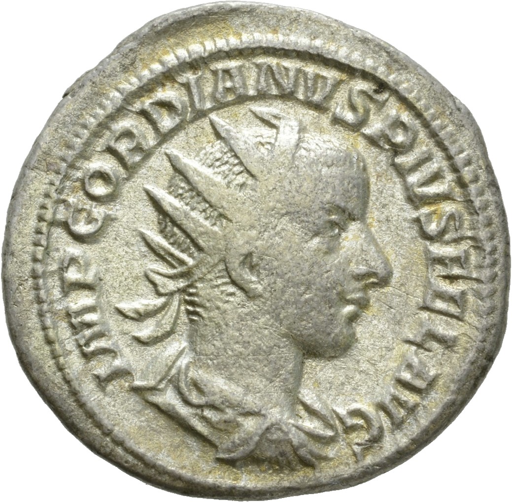 RIC IV Gordian III 89 Gordian III obverse, Bust of Gordian III, radiate, draped, cuirassed, right