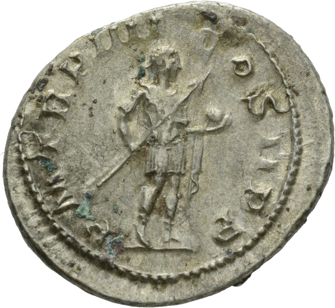 RIC IV Gordian III 92 Gordian III reverse, Gordian III, in military attire, standing right, holding transverse spear in ri...