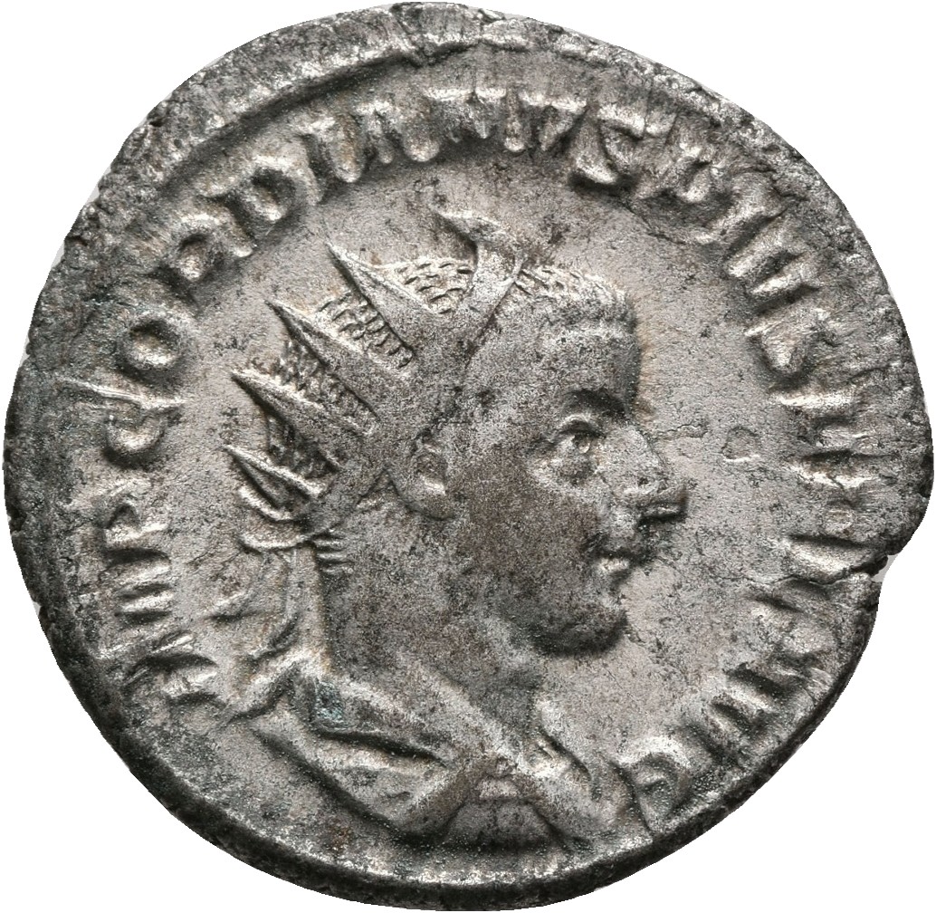 RIC IV Gordian III 93 Gordian III obverse, Bust of Gordian III, radiate, draped, cuirassed, right