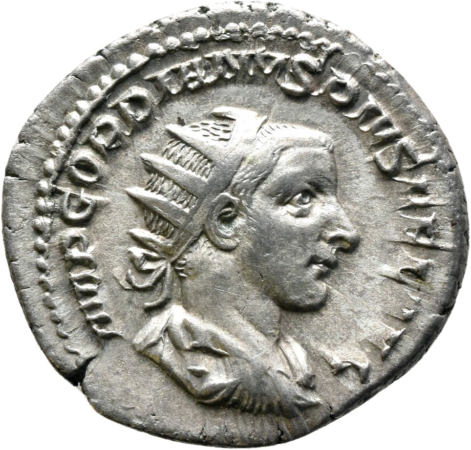 RIC IV Gordian III 95 Gordian III obverse, Bust of Gordian III, radiate, draped, cuirassed, right
