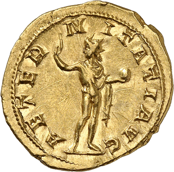 RIC IV Gordian III 97 Gordian III reverse, Sol, nude except for cloak around shoulders, standing front, head left, raising...