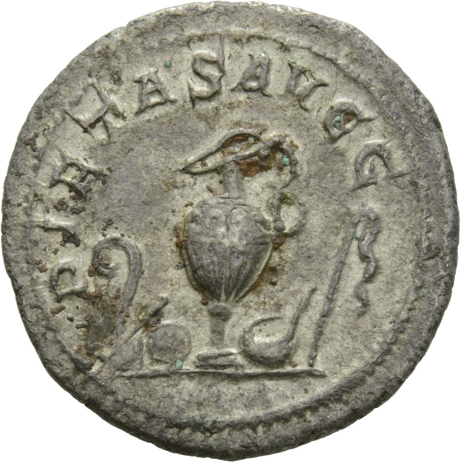 RIC IV Gordian III (Caesar) 1 Gordian III reverse, Priestly emblems: jug between lituus and knife on the left and simpulum...