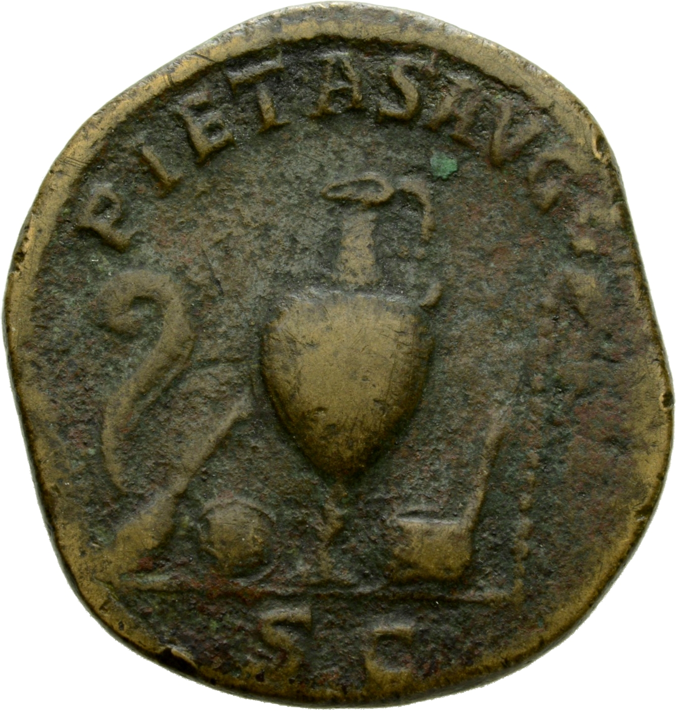 RIC IV Gordian III (Caesar) 3 Gordian III reverse, Priestly emblems: jug between lituus, knife and patera on the left and ...