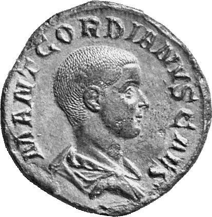 RIC IV Gordian III (Caesar) 3 Gordian III obverse, Bust of Gordian III, bare-headed, draped, right