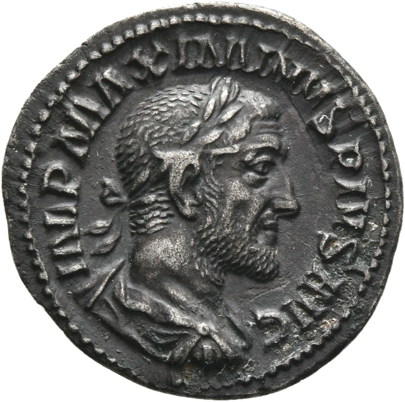RIC IV Maximinus Thrax 12 (denarius) Maximinus Thrax obverse, Bust of Maximinus I, laureate, draped, cuirassed, right