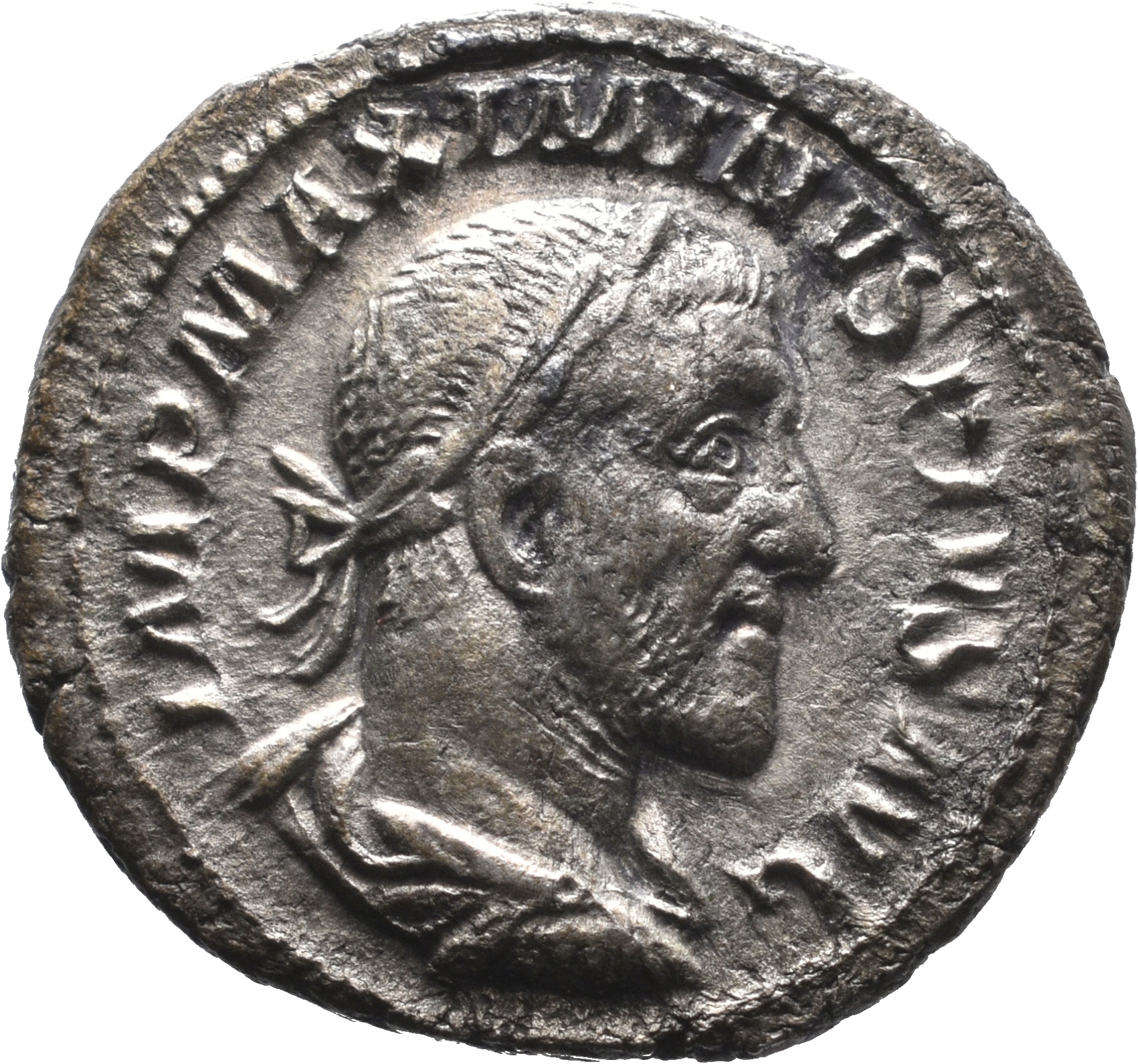 RIC IV Maximinus Thrax 13 (denarius) Maximinus Thrax obverse — Bust of Maximinus I, laureate, draped, cuirassed, right