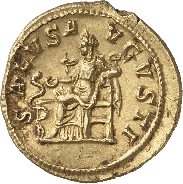 RIC IV Maximinus Thrax 14 (aureus) Maximinus Thrax reverse, Salus, draped, seated left, feeding out of patera in right han...