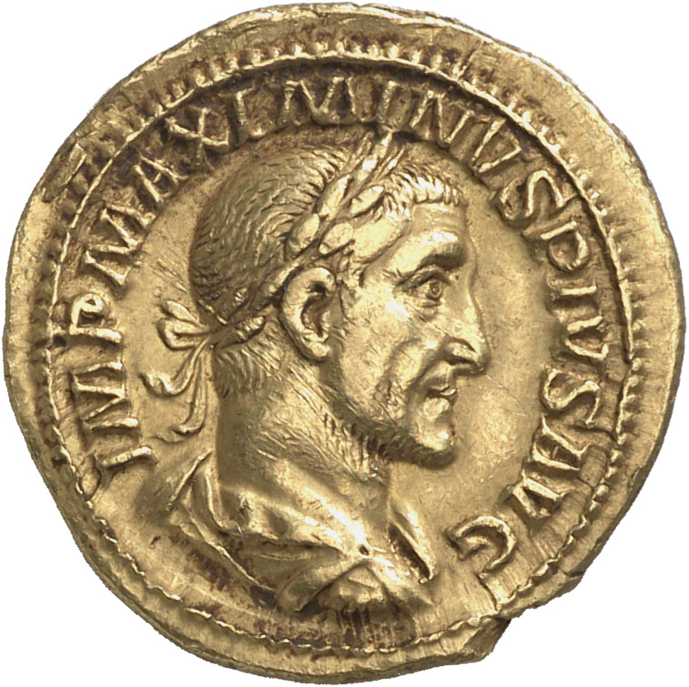 RIC IV Maximinus Thrax 14 (aureus) Maximinus Thrax obverse, Bust of Maximinus I, laureate, draped, cuirassed, right