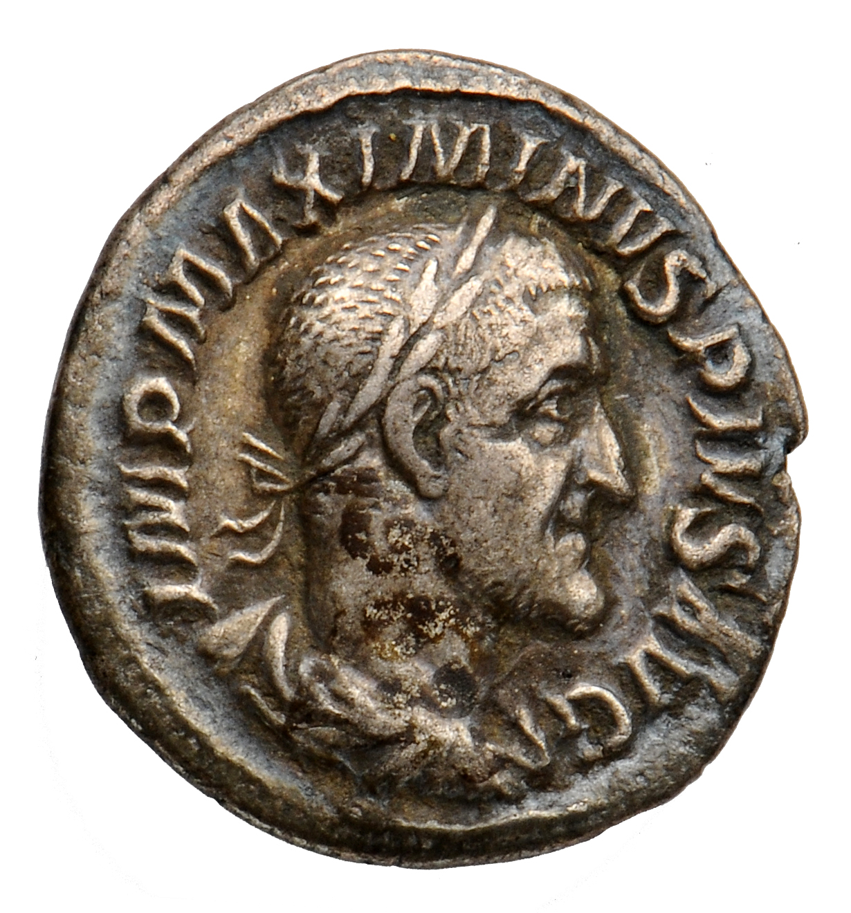 RIC IV Maximinus Thrax 14 (denarius) Maximinus Thrax obverse, Bust of Maximinus I, laureate, draped, cuirassed, right