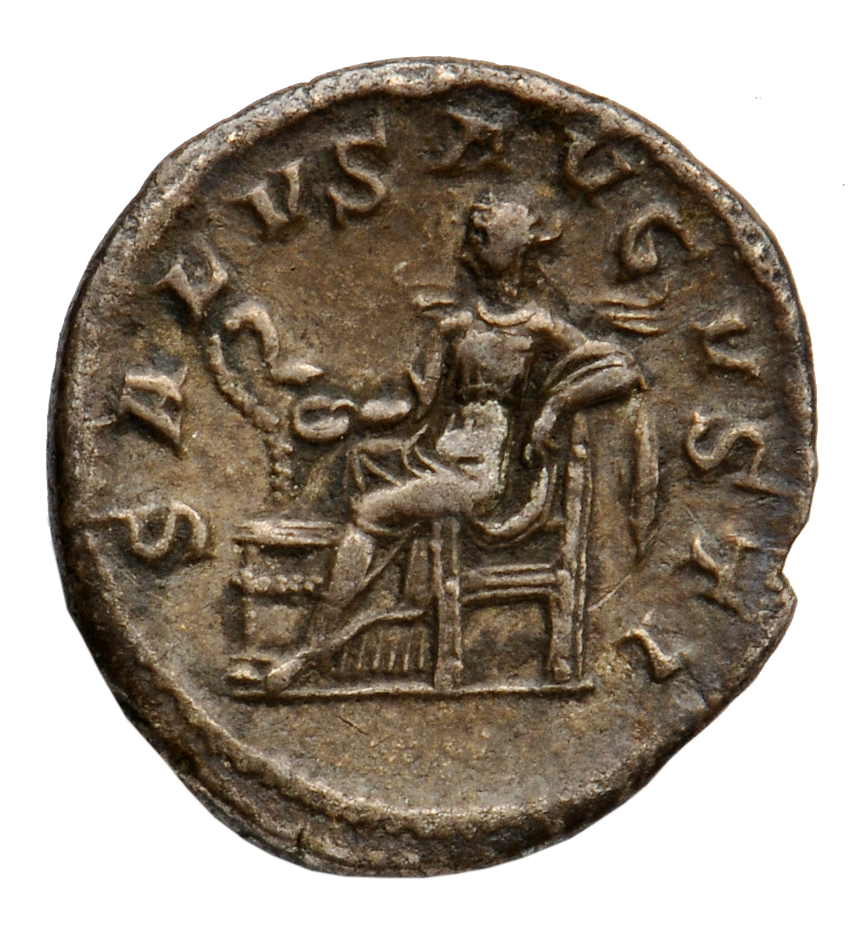 RIC IV Maximinus Thrax 14 (denarius) Maximinus Thrax reverse, Salus, draped, seated left, feeding out of patera in right h...