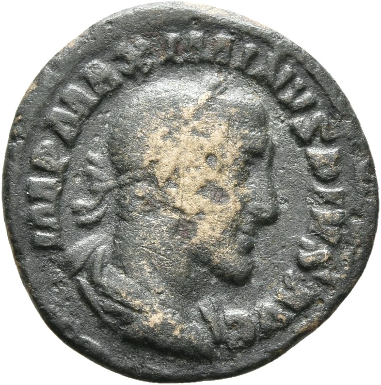 RIC IV Maximinus Thrax 14 (denarius) Maximinus Thrax obverse — Bust of Maximinus I, laureate, draped, cuirassed, right