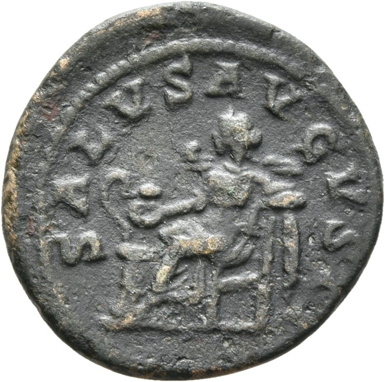 RIC IV Maximinus Thrax 14 (denarius) Maximinus Thrax reverse — Salus, draped, seated left, feeding out of patera in right ...