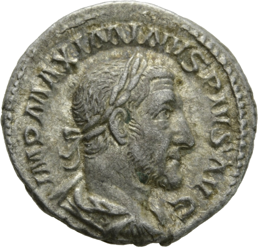 RIC IV Maximinus Thrax 16 (denarius) Maximinus Thrax obverse, Bust of Maximinus I, laureate, draped, cuirassed, right