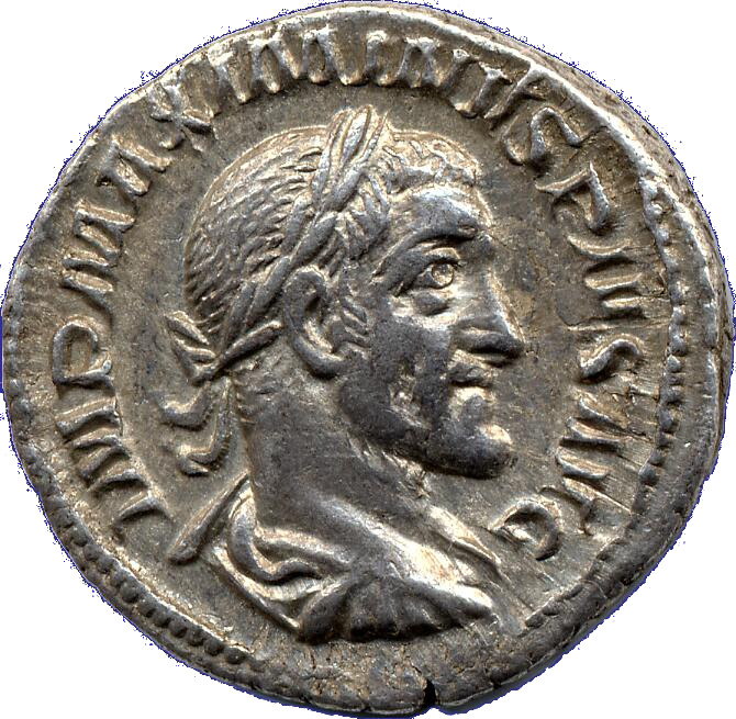 RIC IV Maximinus Thrax 16 (denarius) Maximinus Thrax obverse — Bust of Maximinus I, laureate, draped, cuirassed, right