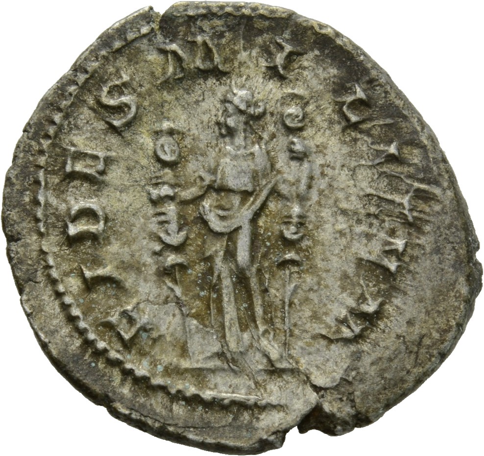 RIC IV Maximinus Thrax 18A Maximinus Thrax reverse, Fides, draped, standing front, head left, holding military standard in...