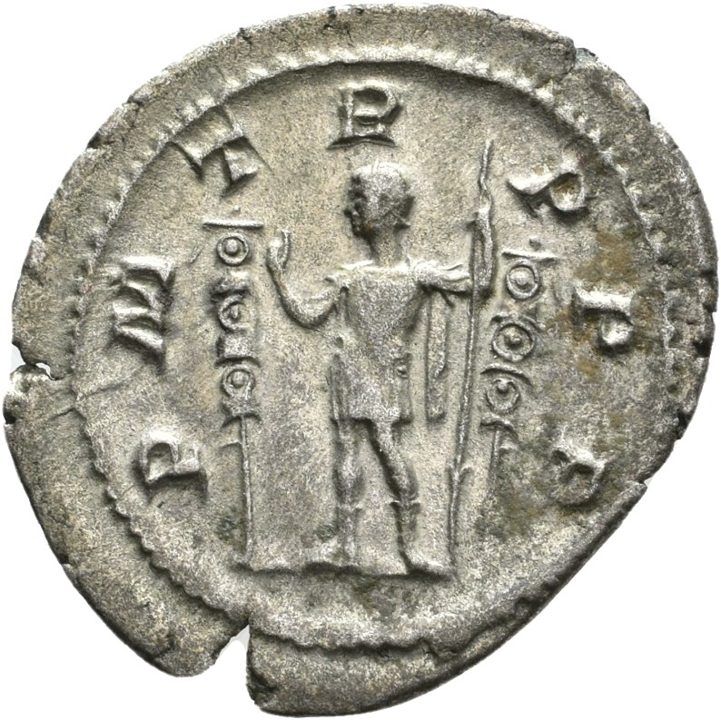 RIC IV Maximinus Thrax 1 (denarius) Maximinus Thrax reverse, Maximinus Thrax, in military attire, standing left between tw...