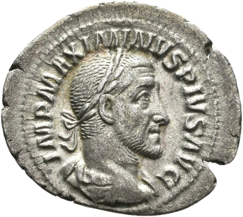 RIC IV Maximinus Thrax 1 (denarius) Maximinus Thrax obverse, Bust of Maximinus I, laureate, draped, cuirassed, right