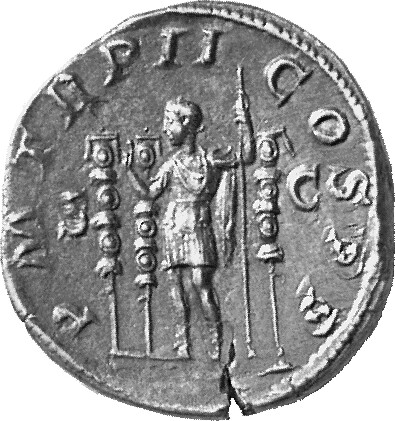 RIC IV Maximinus Thrax 33 Maximinus Thrax reverse, Maximinus Thrax, in military attire, standing left, raising right hand ...