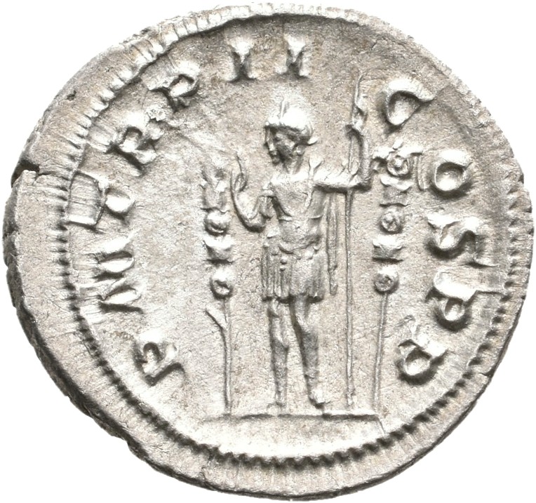 RIC IV Maximinus Thrax 4 Maximinus Thrax reverse, Maximinus Thrax, in military attire, standing left between two standard,...