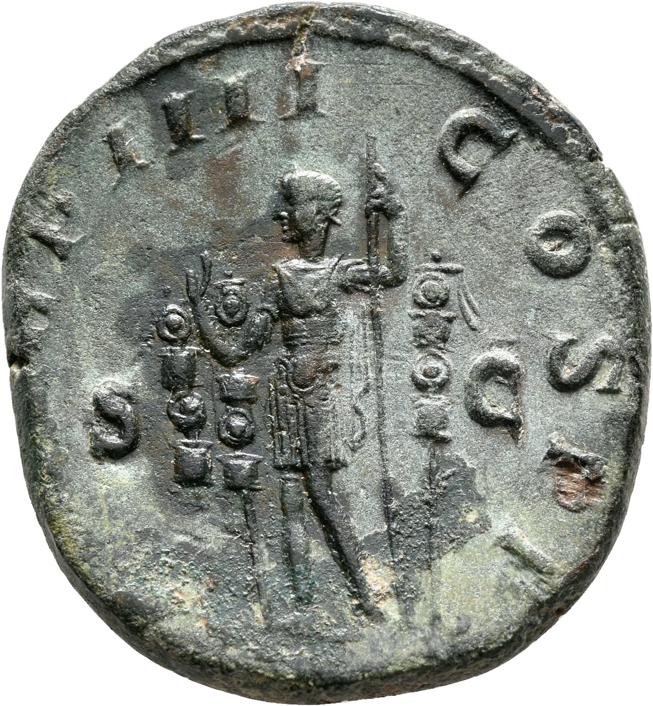 RIC IV Maximinus Thrax 40 Maximinus Thrax reverse — Maximinus Thrax, in military attire, standing left, raising right hand...