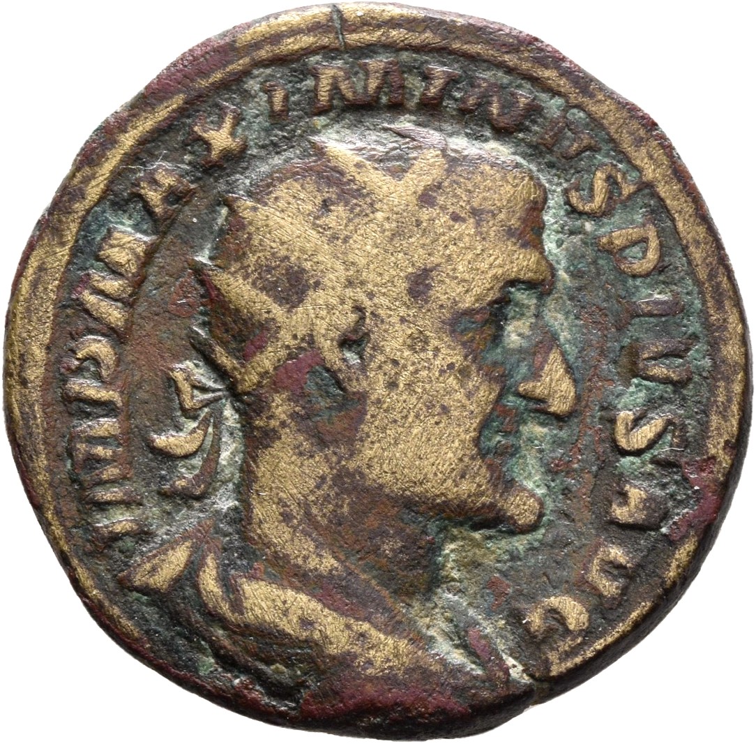 RIC IV Maximinus Thrax 59 Maximinus Thrax obverse, Bust of Maximinus I, radiate, draped, cuirassed, right